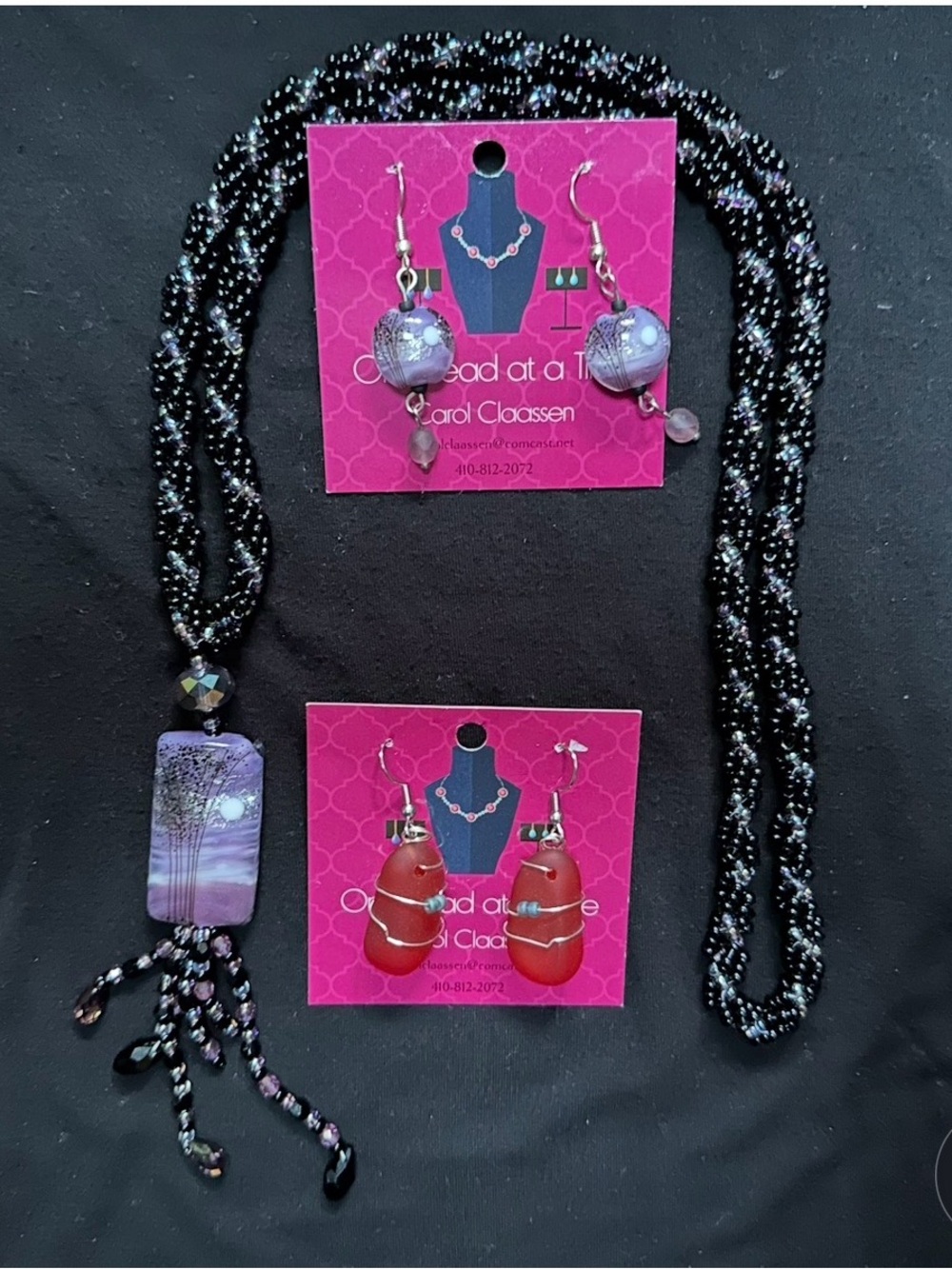 Handmade Purple Bead Tassel Necklace & Earrings Set by